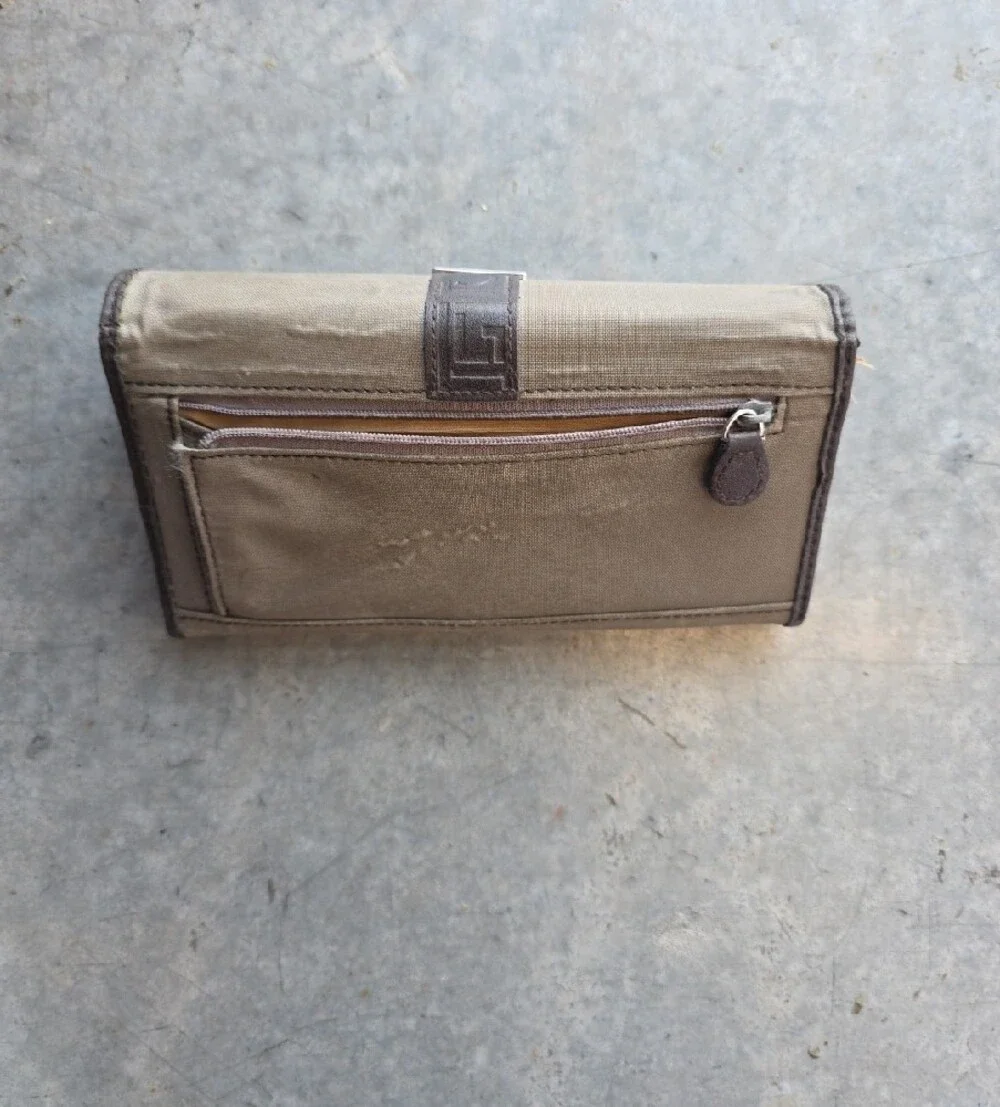 Liz Claiborne Tan and Brown Canvas Messenger with Metal Logo Plaque